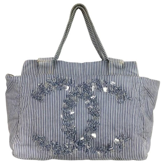 Chanel Striped Chambray Blue & Beige Canvas Tote - Picture 1 of 9